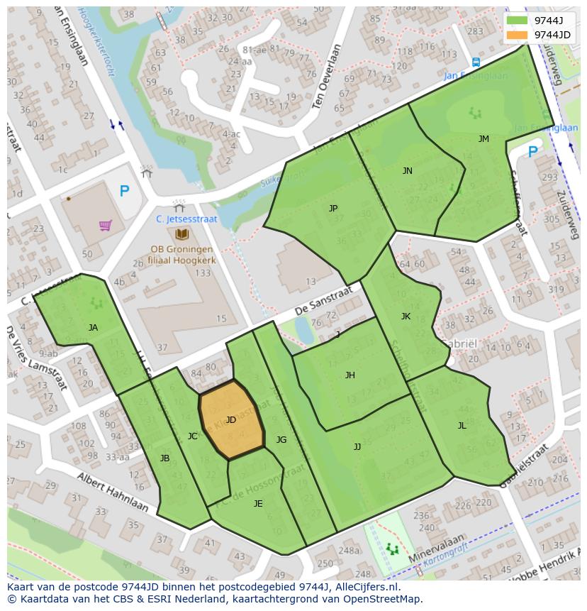 Afbeelding van het postcodegebied 9744 JD op de kaart.