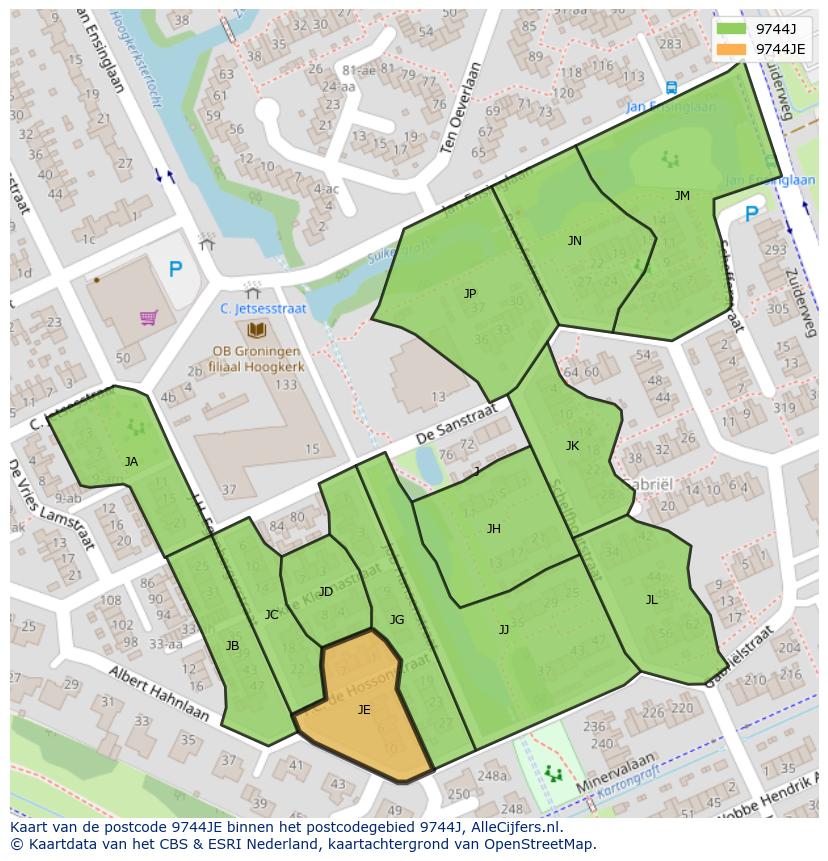 Afbeelding van het postcodegebied 9744 JE op de kaart.