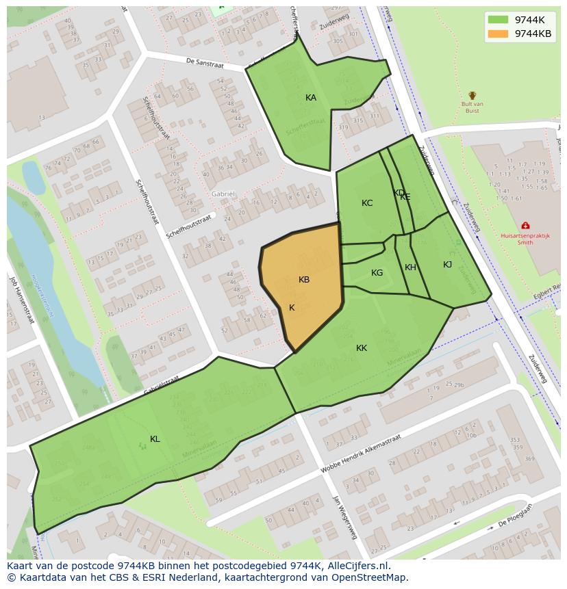 Afbeelding van het postcodegebied 9744 KB op de kaart.