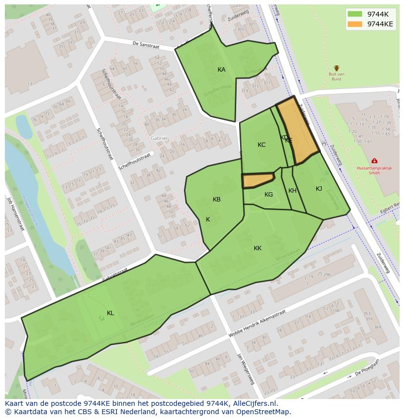 Afbeelding van het postcodegebied 9744 KE op de kaart.