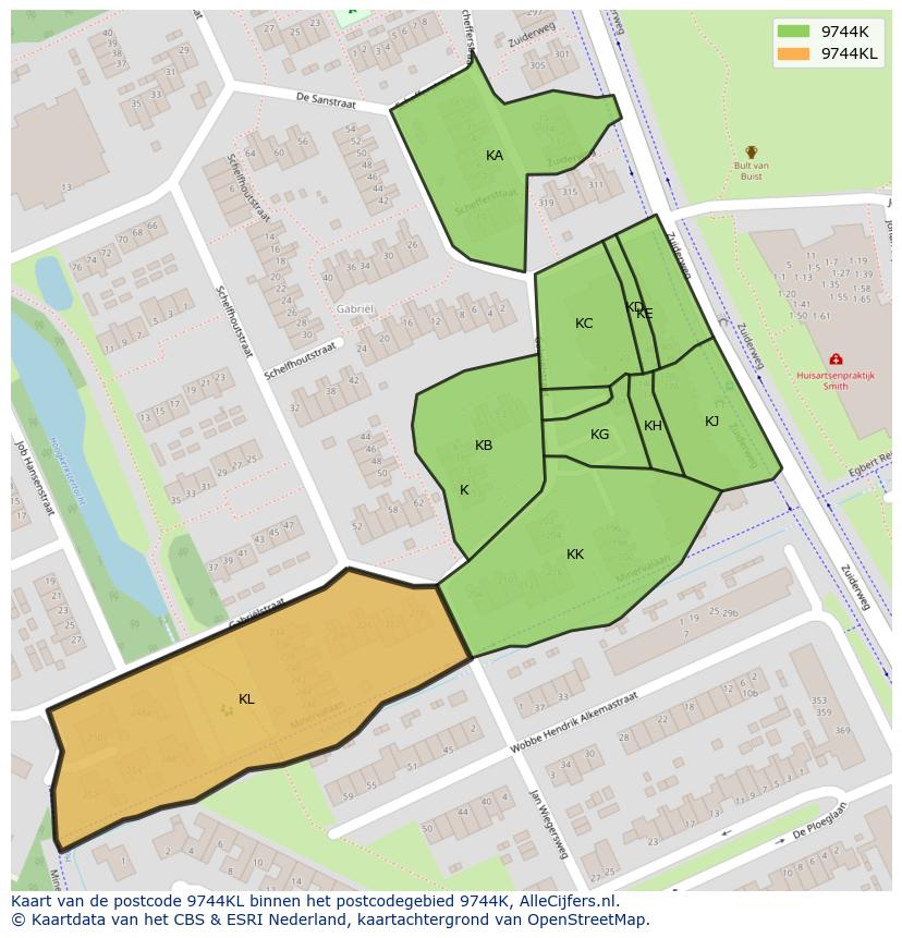 Afbeelding van het postcodegebied 9744 KL op de kaart.