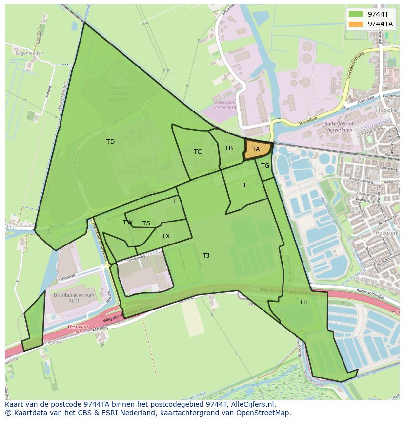 Afbeelding van het postcodegebied 9744 TA op de kaart.