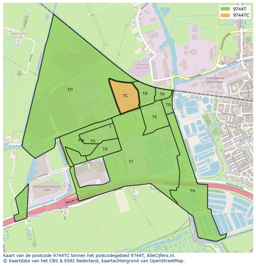 Afbeelding van het postcodegebied 9744 TC op de kaart.