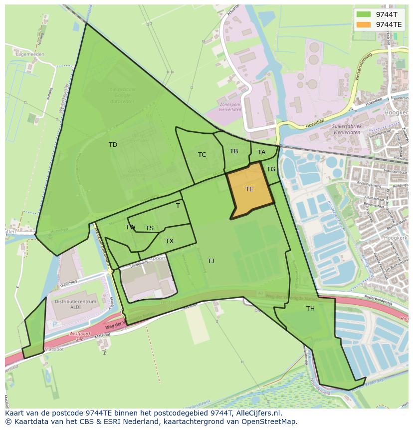 Afbeelding van het postcodegebied 9744 TE op de kaart.
