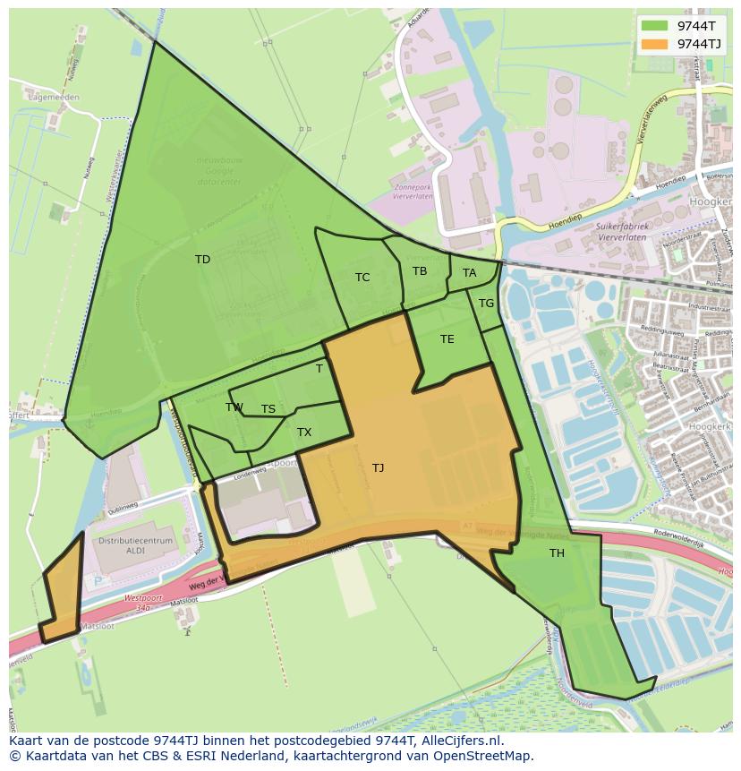 Afbeelding van het postcodegebied 9744 TJ op de kaart.