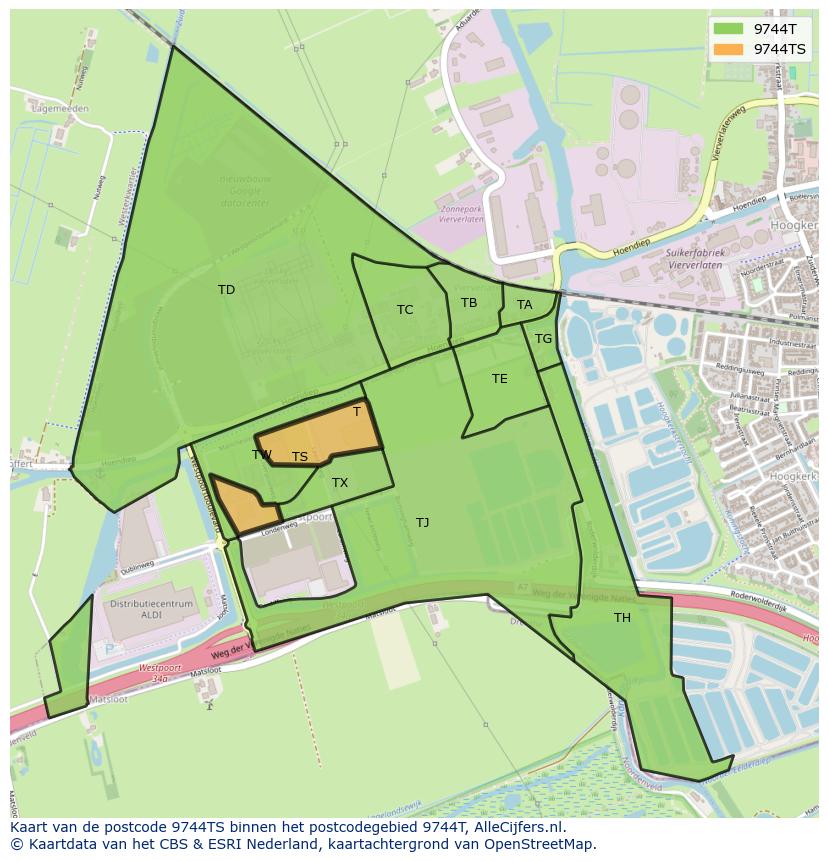 Afbeelding van het postcodegebied 9744 TS op de kaart.