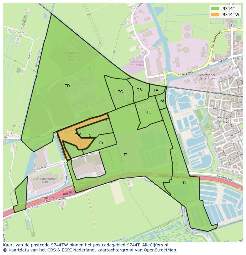 Afbeelding van het postcodegebied 9744 TW op de kaart.