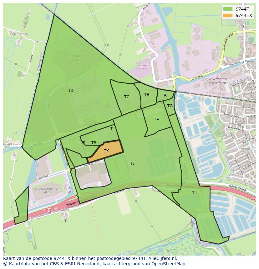 Afbeelding van het postcodegebied 9744 TX op de kaart.