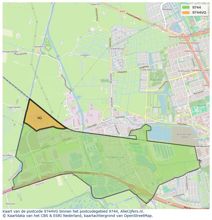 Afbeelding van het postcodegebied 9744 VG op de kaart.