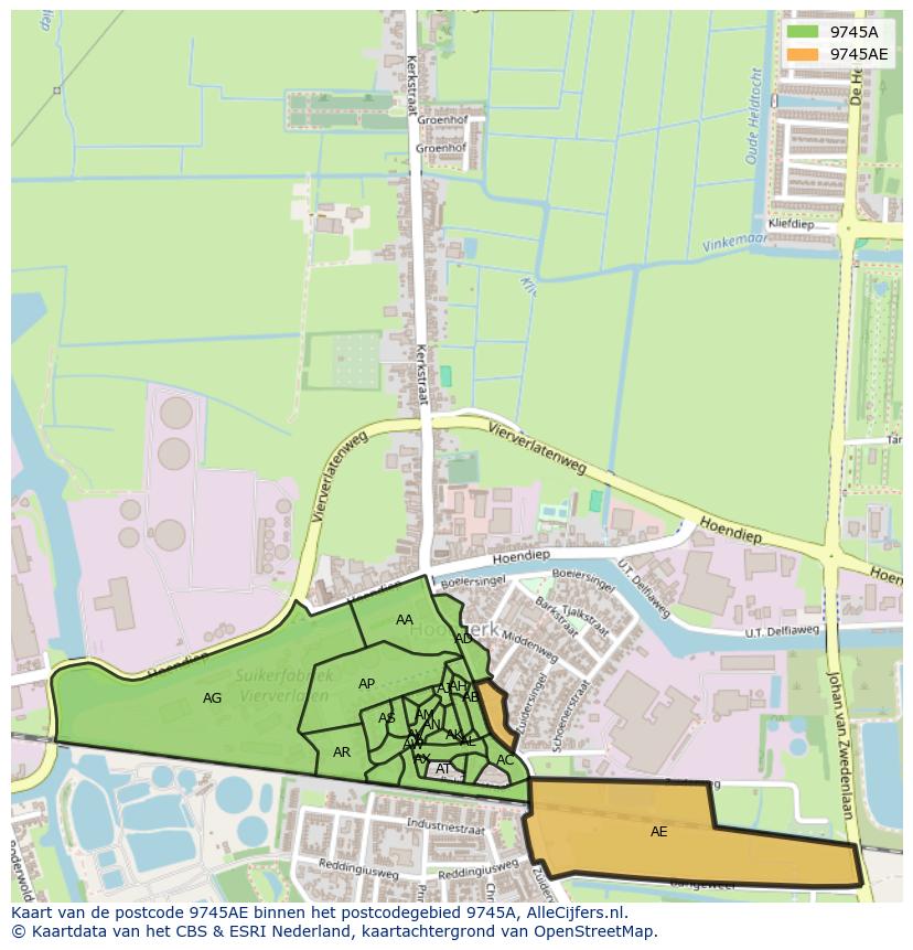Afbeelding van het postcodegebied 9745 AE op de kaart.