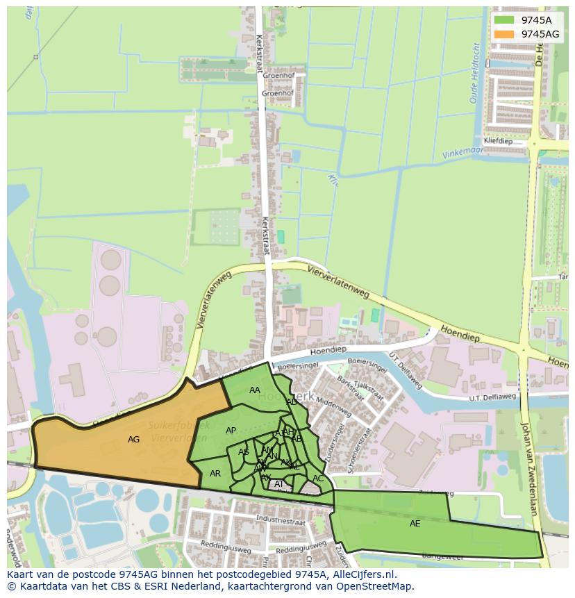 Afbeelding van het postcodegebied 9745 AG op de kaart.