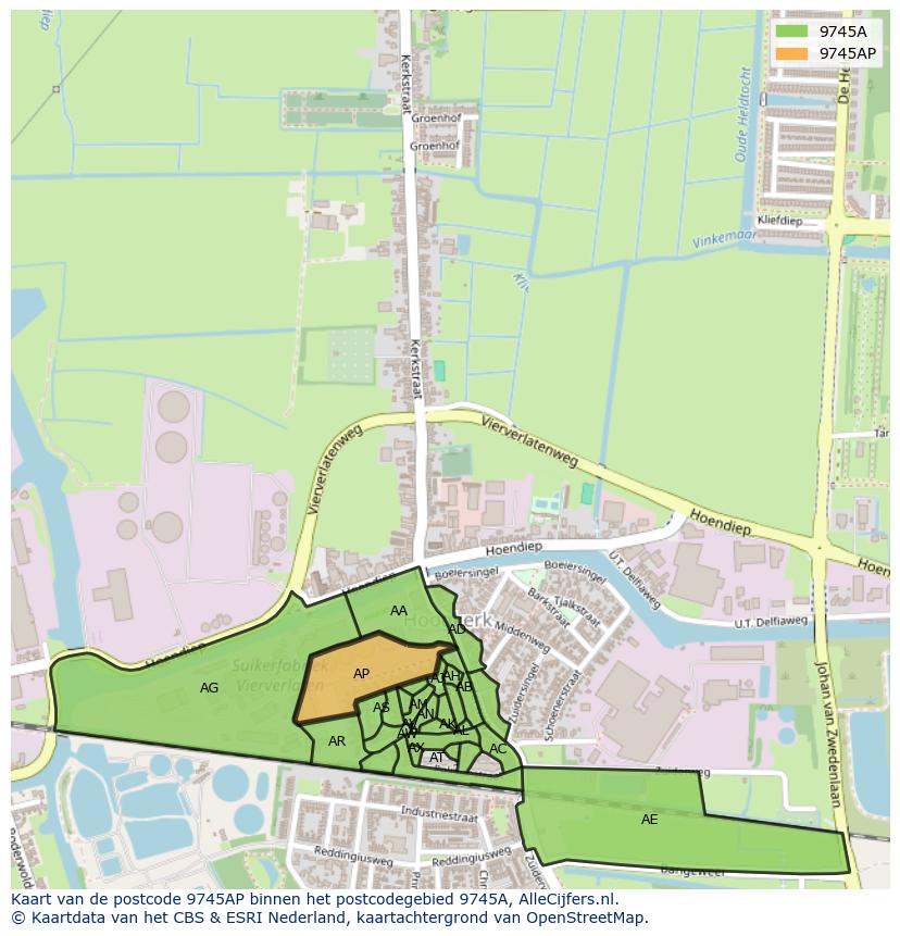 Afbeelding van het postcodegebied 9745 AP op de kaart.