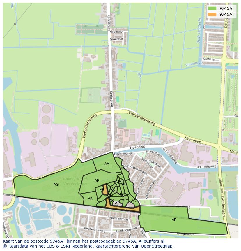 Afbeelding van het postcodegebied 9745 AT op de kaart.