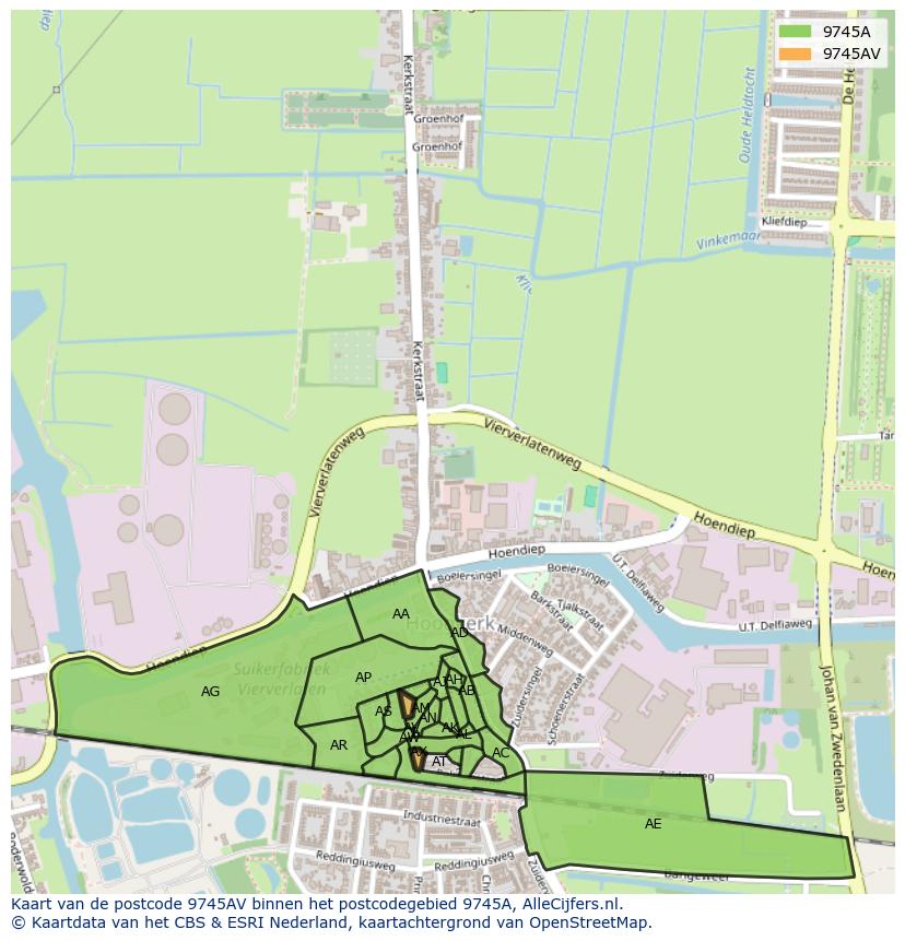 Afbeelding van het postcodegebied 9745 AV op de kaart.