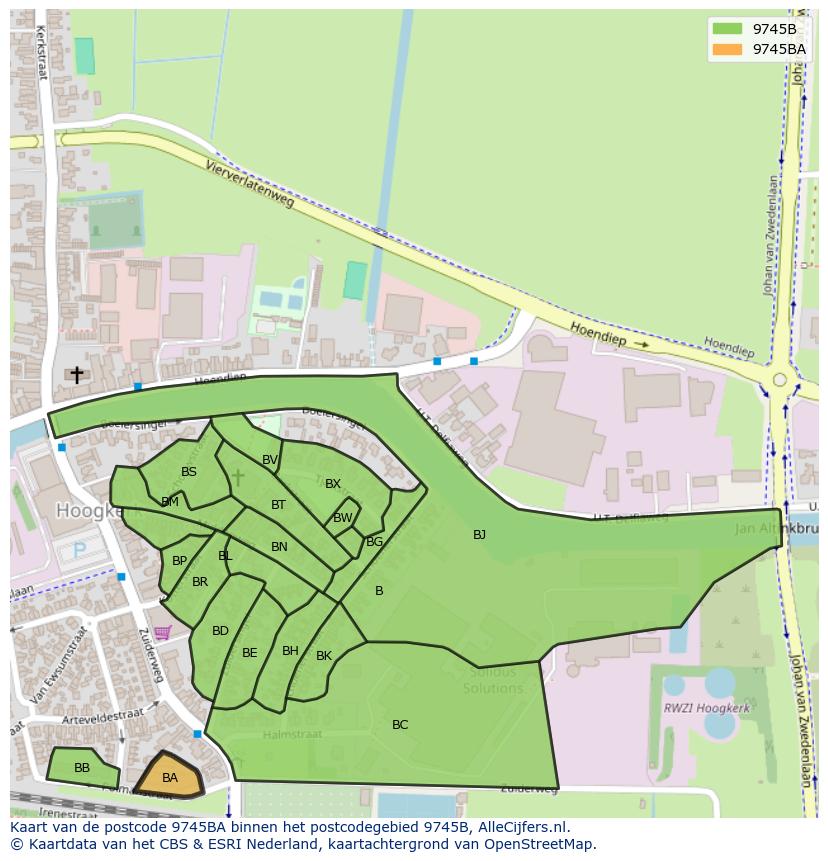 Afbeelding van het postcodegebied 9745 BA op de kaart.