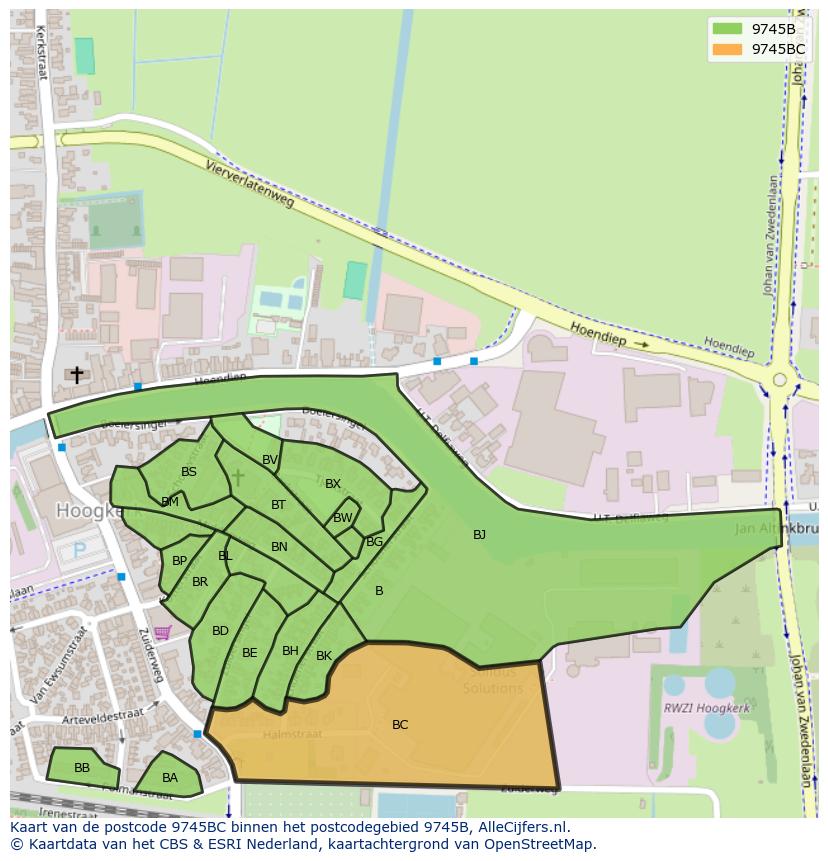 Afbeelding van het postcodegebied 9745 BC op de kaart.