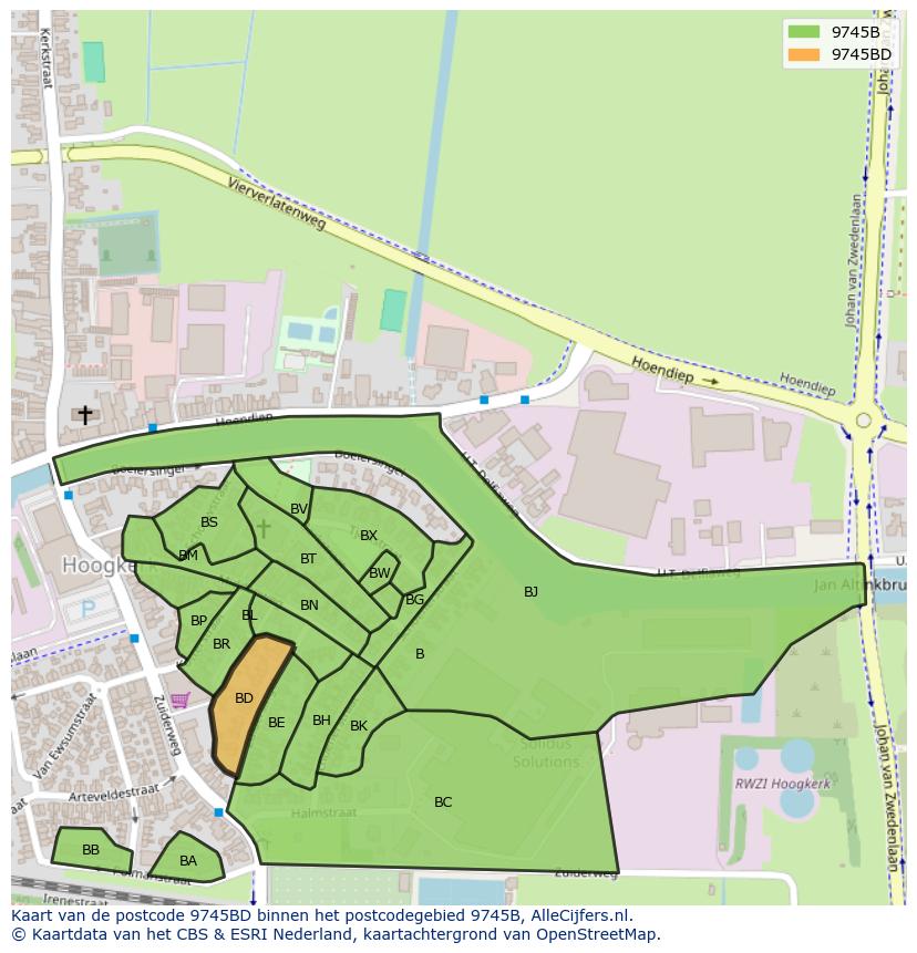 Afbeelding van het postcodegebied 9745 BD op de kaart.