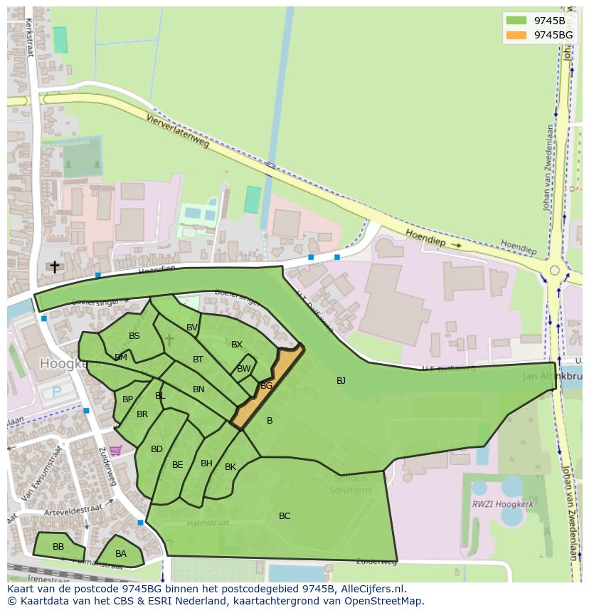 Afbeelding van het postcodegebied 9745 BG op de kaart.