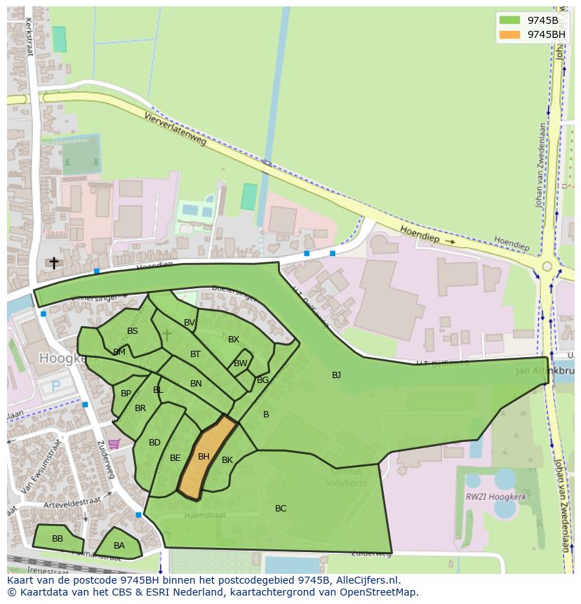 Afbeelding van het postcodegebied 9745 BH op de kaart.