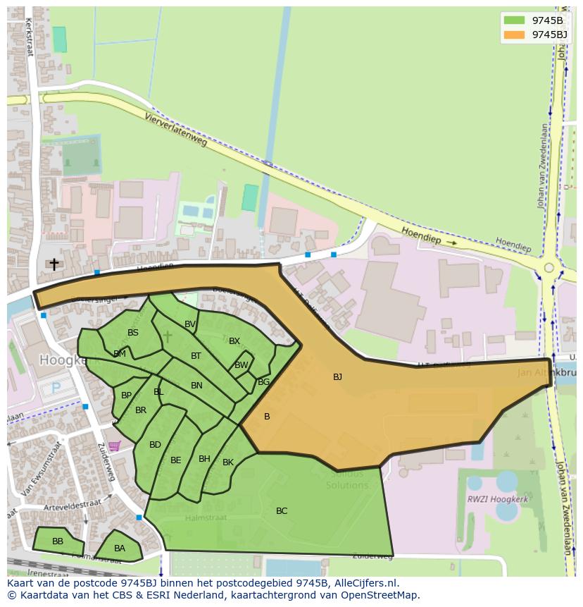 Afbeelding van het postcodegebied 9745 BJ op de kaart.