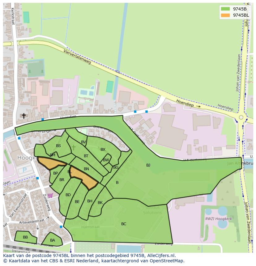Afbeelding van het postcodegebied 9745 BL op de kaart.