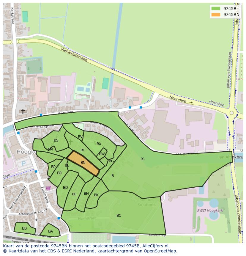 Afbeelding van het postcodegebied 9745 BN op de kaart.