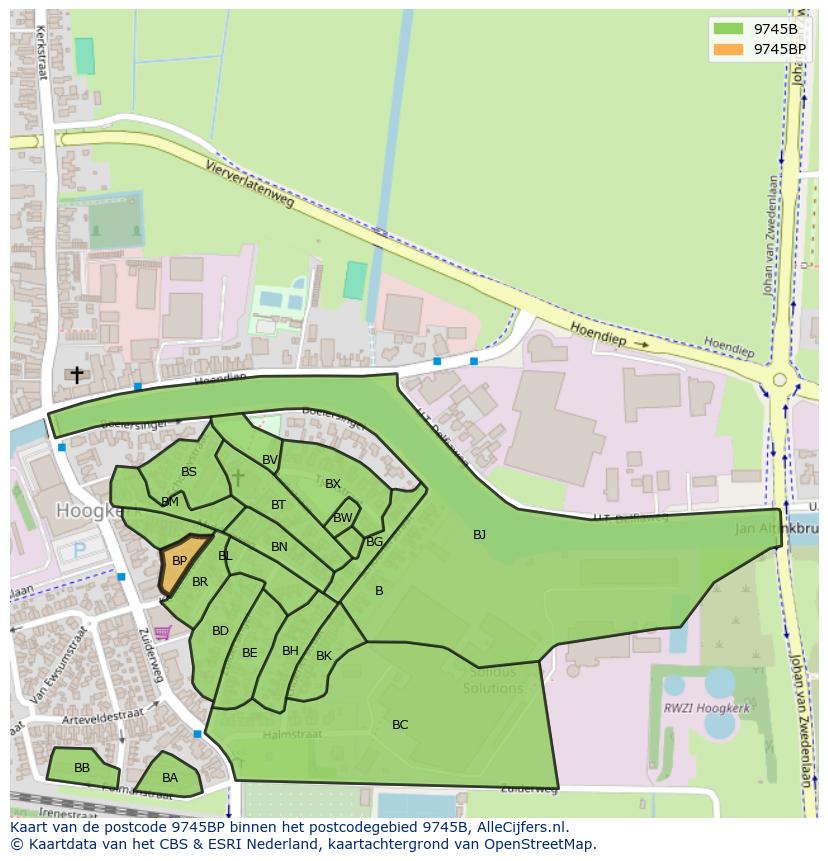 Afbeelding van het postcodegebied 9745 BP op de kaart.