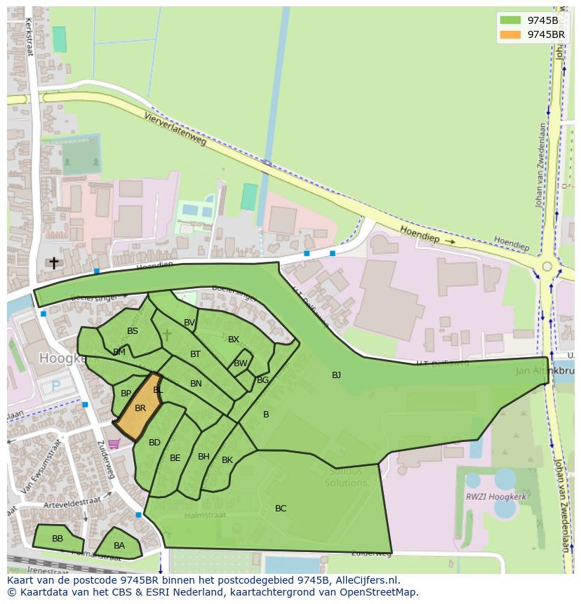 Afbeelding van het postcodegebied 9745 BR op de kaart.