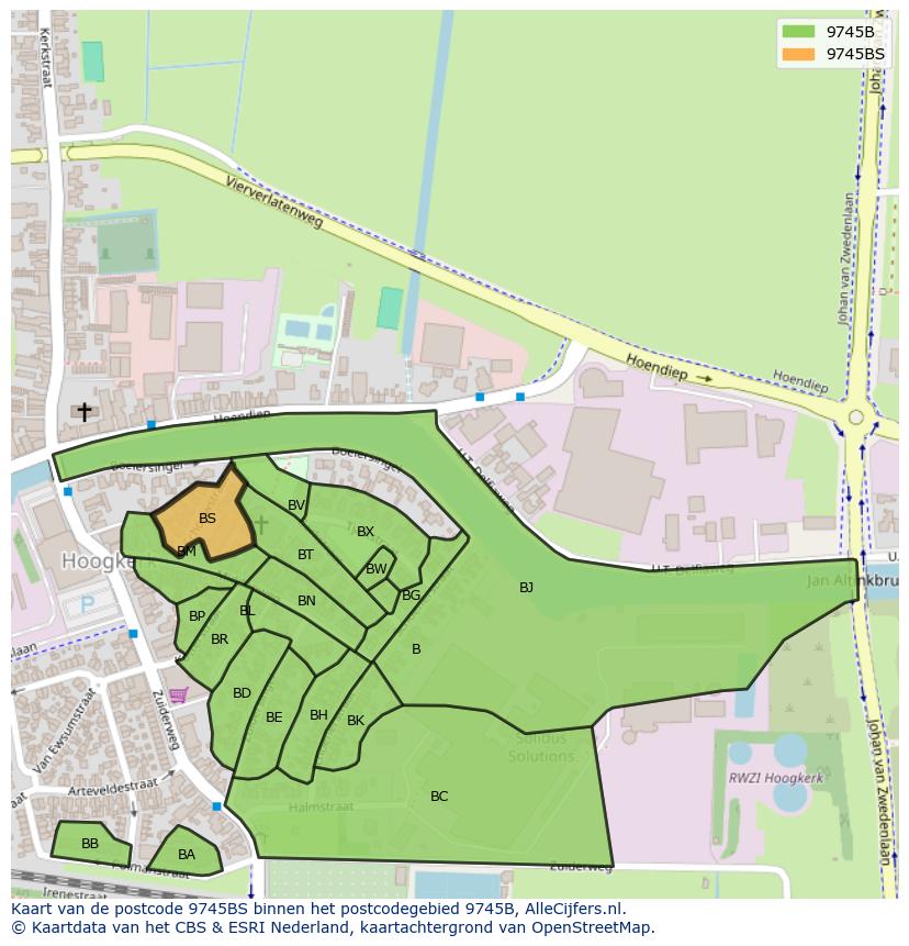Afbeelding van het postcodegebied 9745 BS op de kaart.
