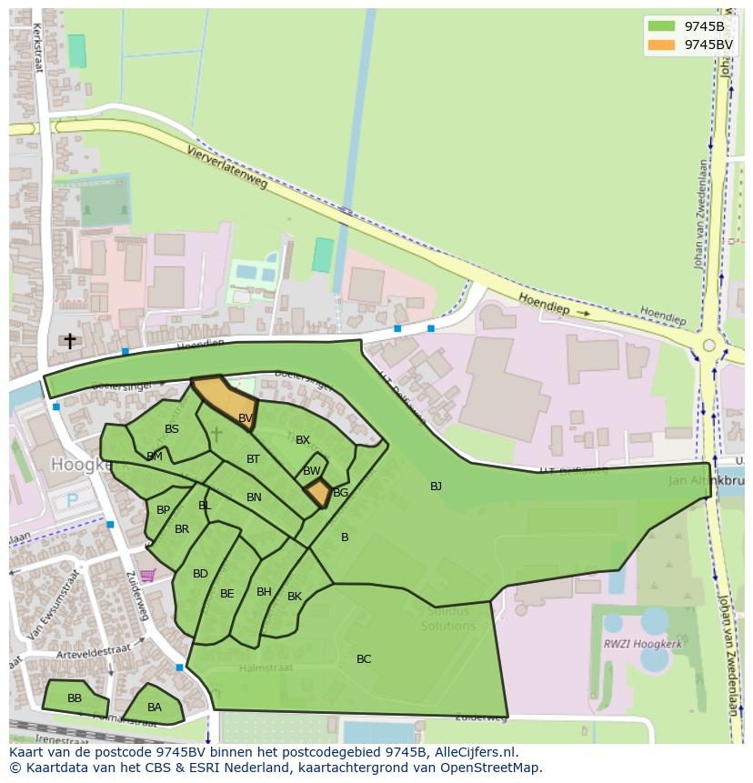 Afbeelding van het postcodegebied 9745 BV op de kaart.