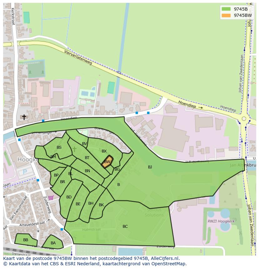 Afbeelding van het postcodegebied 9745 BW op de kaart.