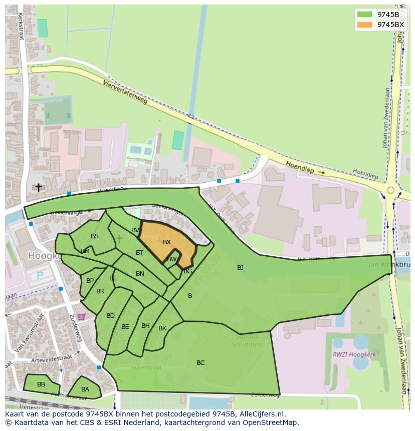 Afbeelding van het postcodegebied 9745 BX op de kaart.