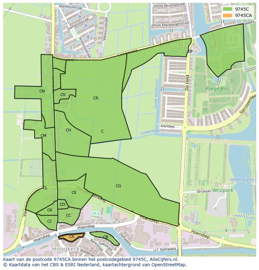 Afbeelding van het postcodegebied 9745 CA op de kaart.