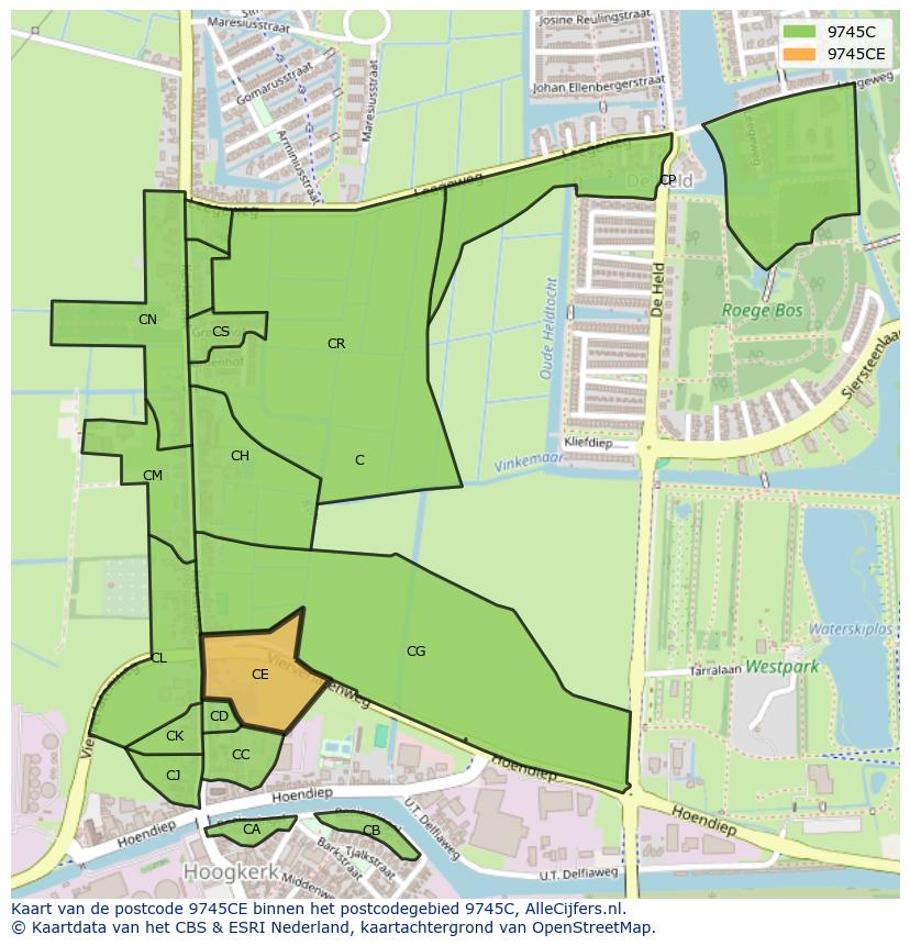 Afbeelding van het postcodegebied 9745 CE op de kaart.