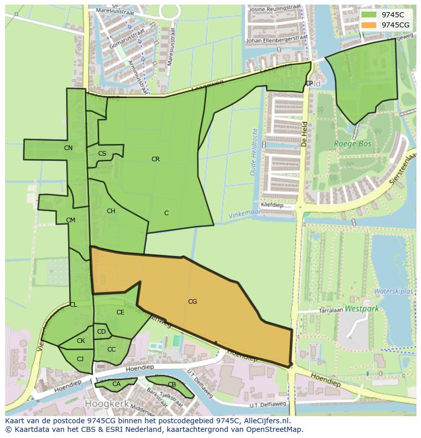 Afbeelding van het postcodegebied 9745 CG op de kaart.