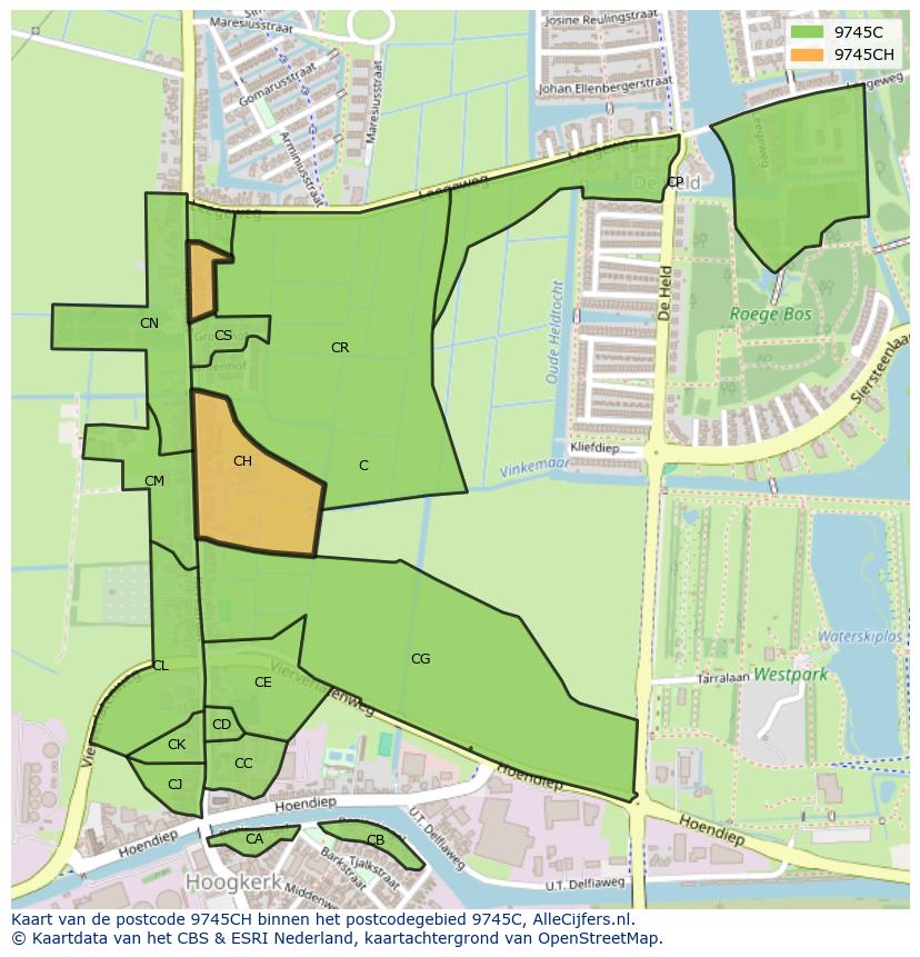 Afbeelding van het postcodegebied 9745 CH op de kaart.