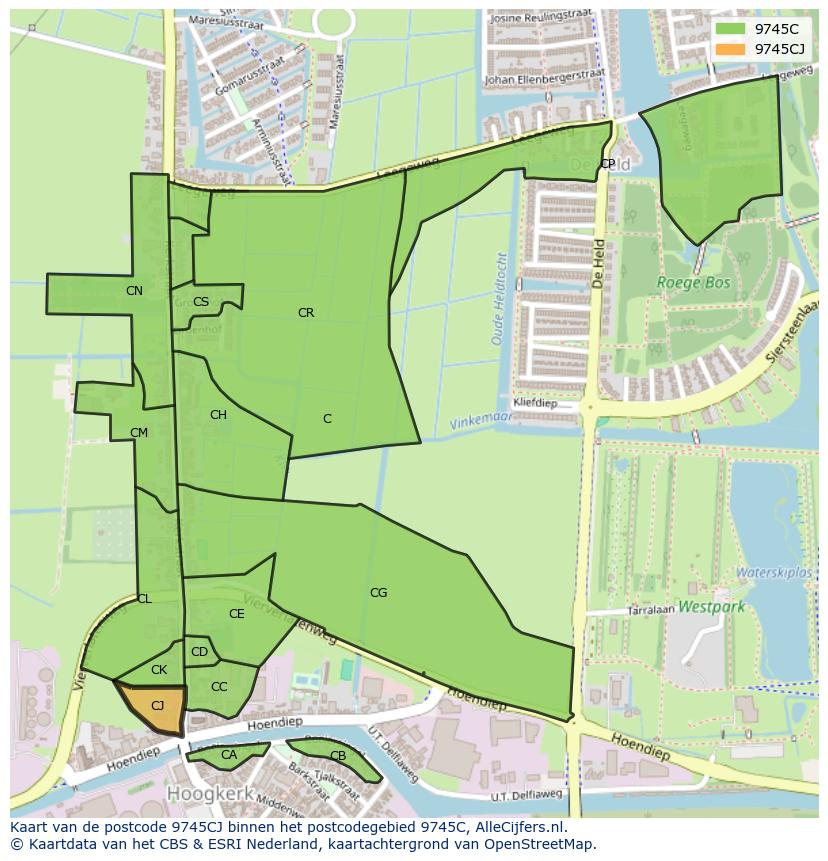 Afbeelding van het postcodegebied 9745 CJ op de kaart.