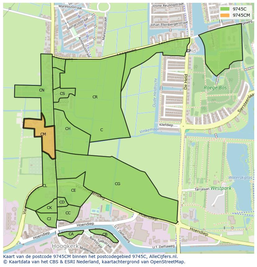 Afbeelding van het postcodegebied 9745 CM op de kaart.