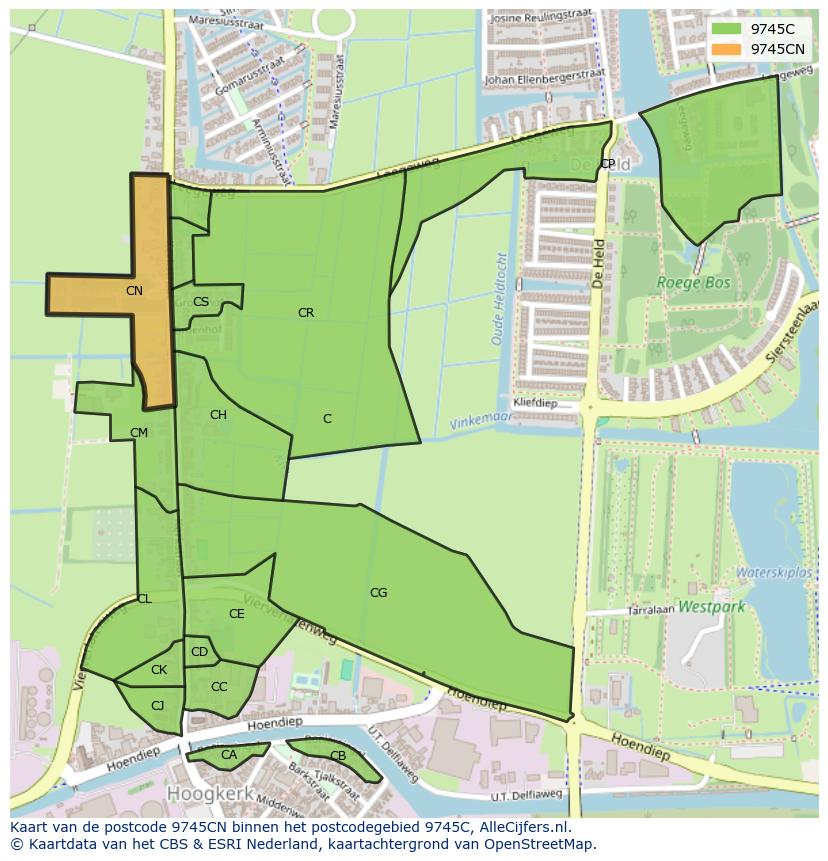 Afbeelding van het postcodegebied 9745 CN op de kaart.