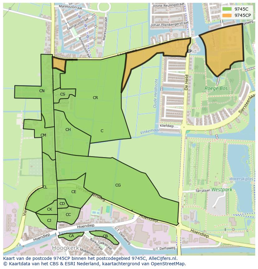 Afbeelding van het postcodegebied 9745 CP op de kaart.