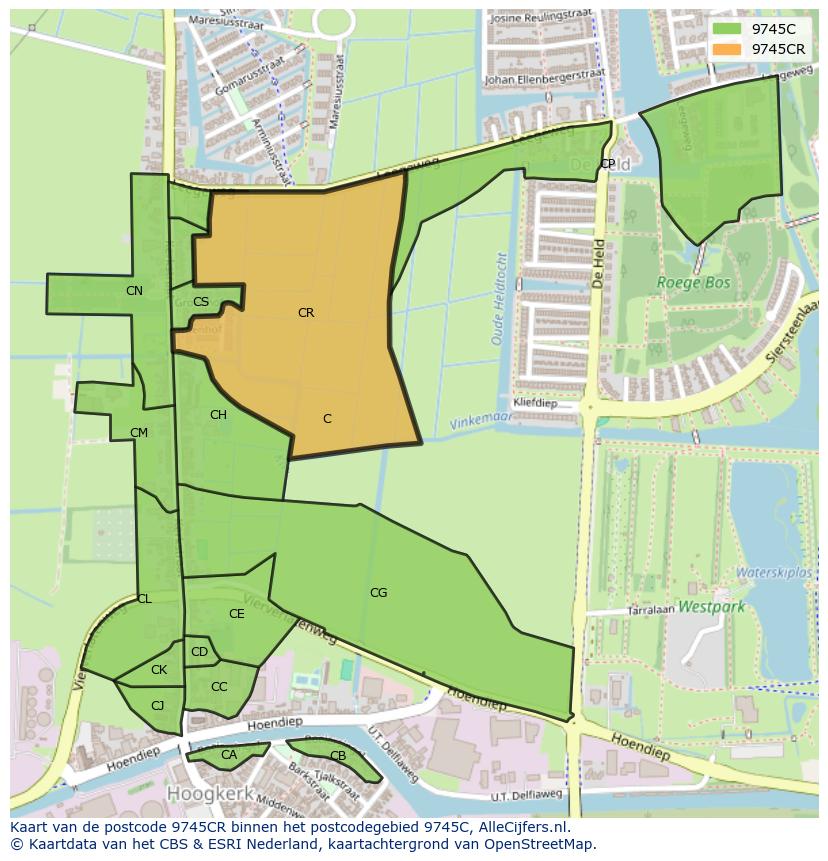 Afbeelding van het postcodegebied 9745 CR op de kaart.