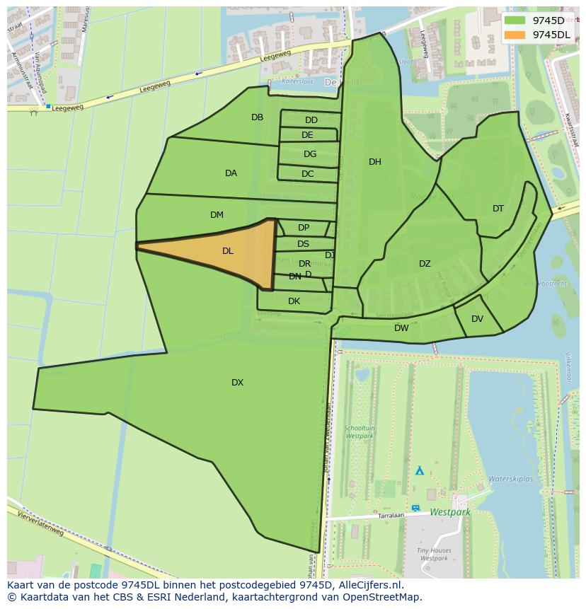 Afbeelding van het postcodegebied 9745 DL op de kaart.