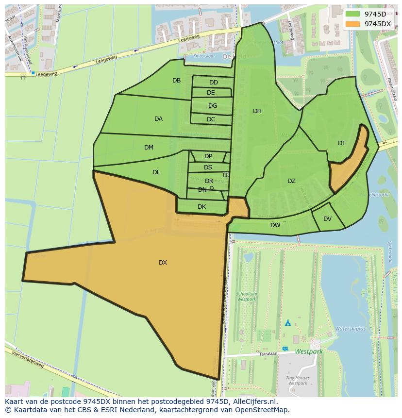 Afbeelding van het postcodegebied 9745 DX op de kaart.