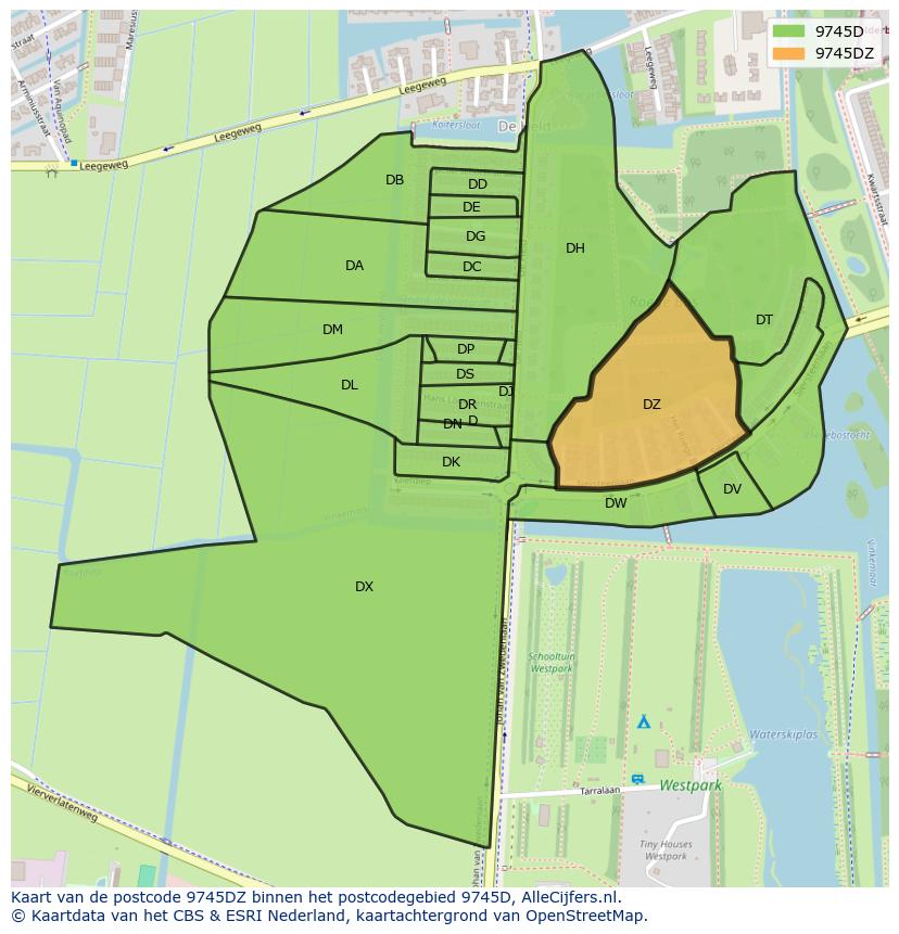 Afbeelding van het postcodegebied 9745 DZ op de kaart.