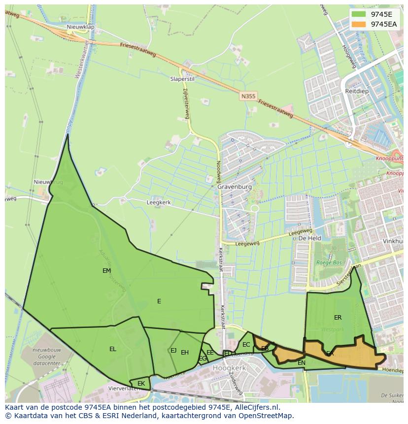 Afbeelding van het postcodegebied 9745 EA op de kaart.