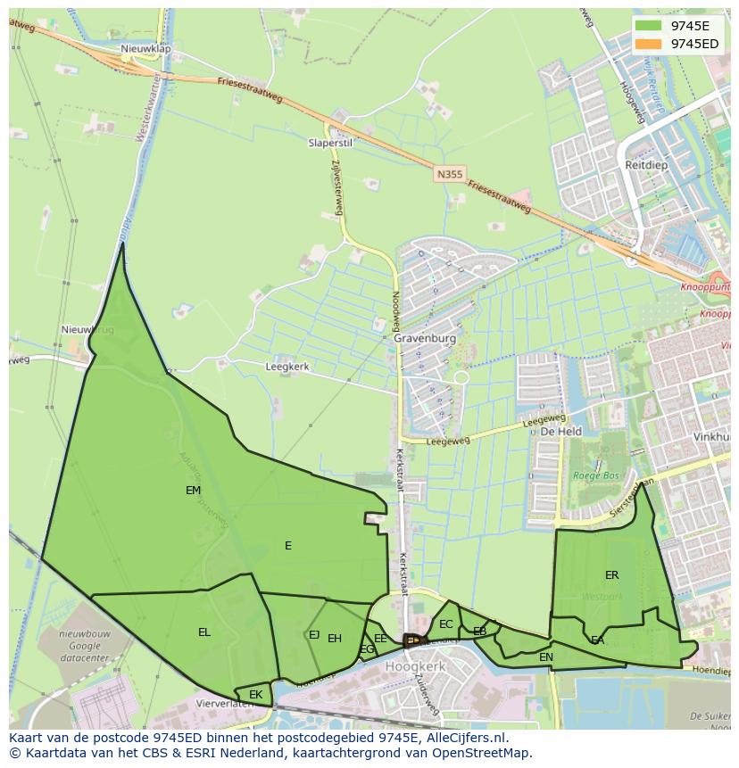 Afbeelding van het postcodegebied 9745 ED op de kaart.