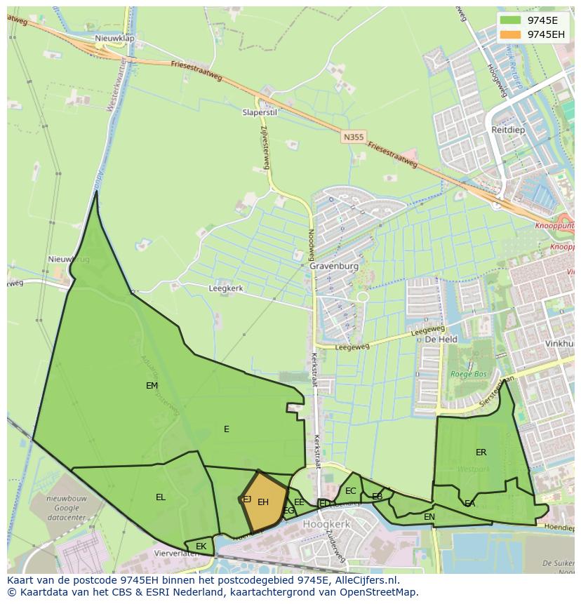 Afbeelding van het postcodegebied 9745 EH op de kaart.