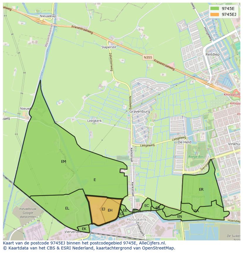 Afbeelding van het postcodegebied 9745 EJ op de kaart.