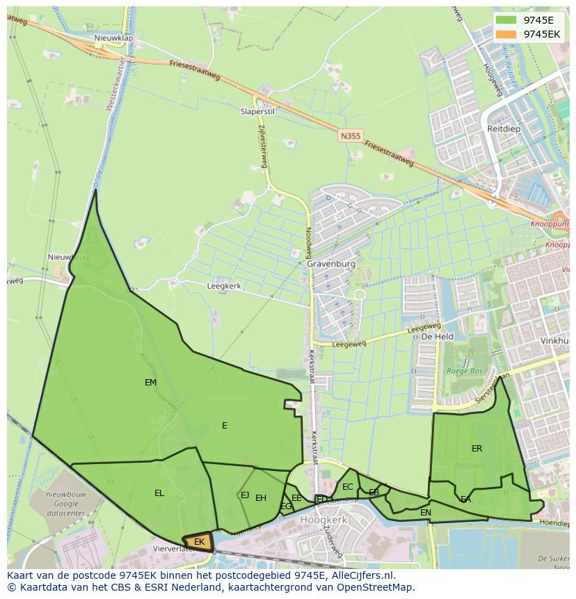 Afbeelding van het postcodegebied 9745 EK op de kaart.