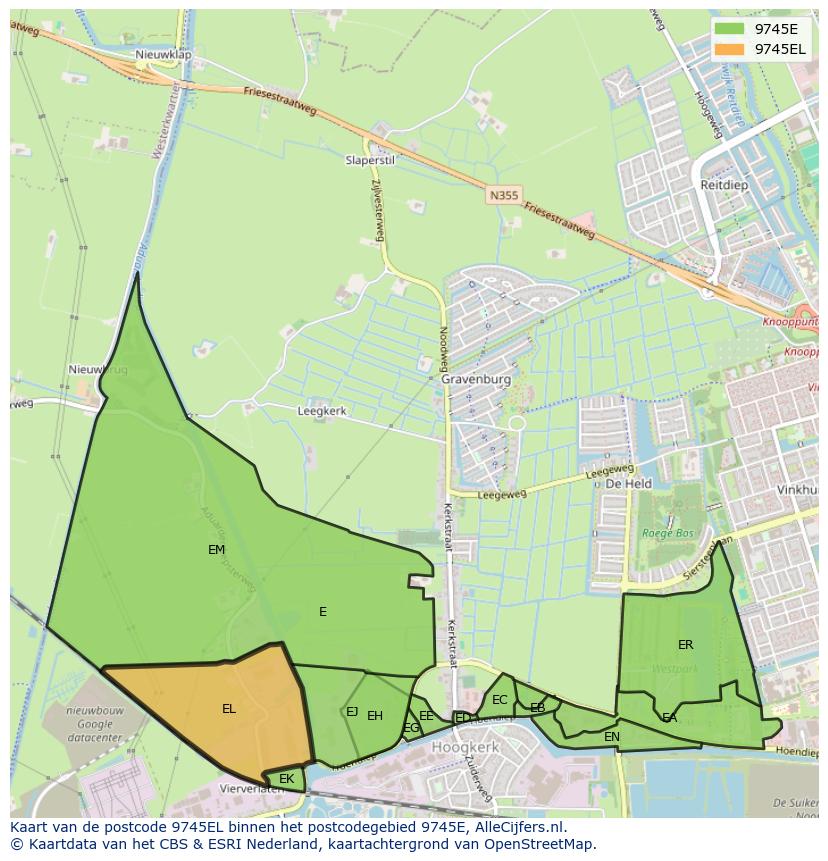 Afbeelding van het postcodegebied 9745 EL op de kaart.